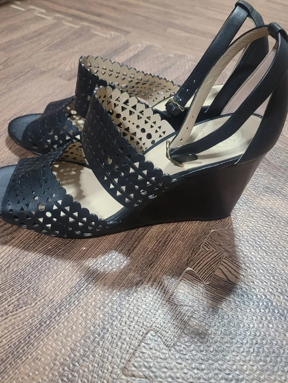Tory Burch Nutria black perforated laser-cut leather gladiator wedge sandals  9M